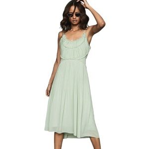 REISS Thora Pleated Midi Dress Pale Green Chiffon 10